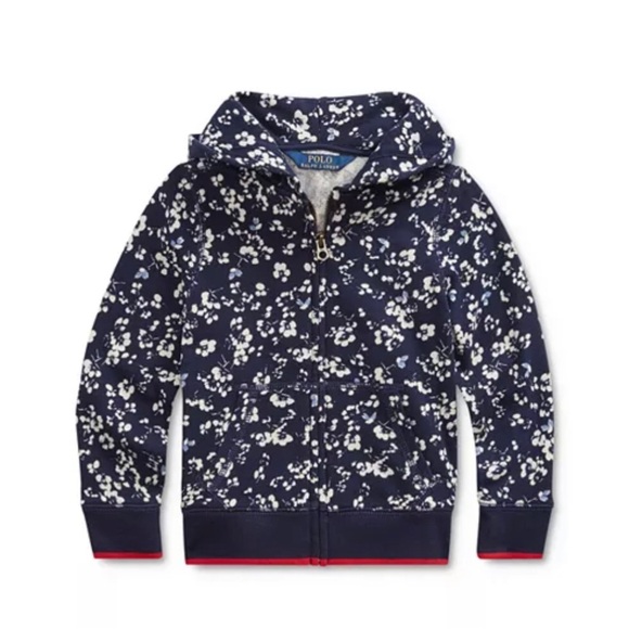 Polo Ralph Lauren Girls 4/4T Navy Blue Floral Print Terry Zip-Up Hoodie - Picture 1 of 8